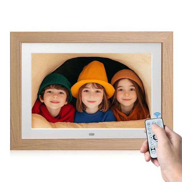 10.1" Digital Picture Frame with Remote Control, 1280 * 800 IPS Full View Ultra Clear Screen, Removable Wooden Frame, Share Videos Photos Send Wishes Auto-Rotate Slideshow Non-WiFi