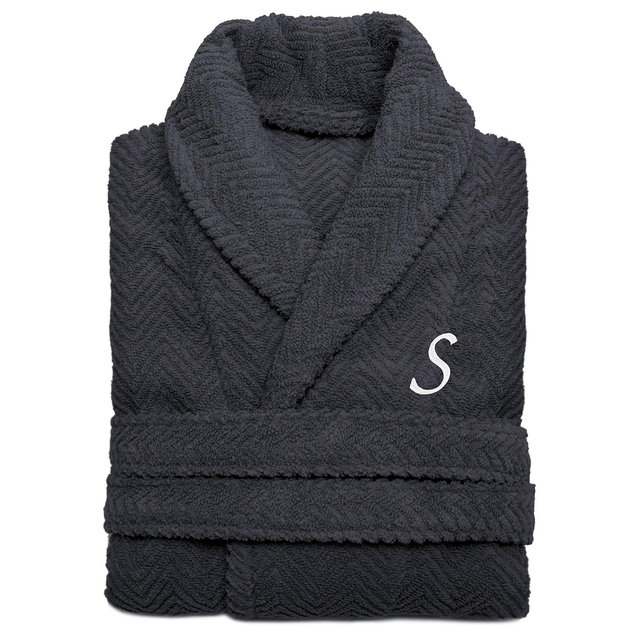 Linum Home 100% Turkish Cotton Personalized Unisex Herringbone Bath Robe - Dark Gray