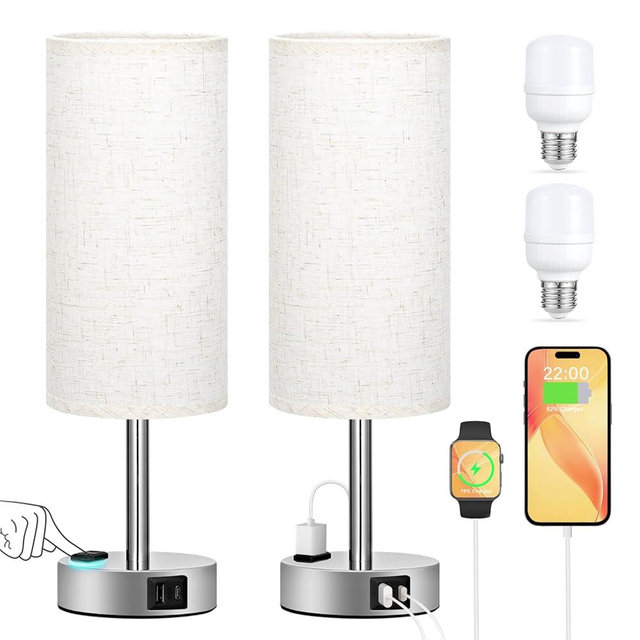 Light Beige Touch Nightstand Lamps Set of 2-3 Way Dimmable Bedside Table Lamps for Bedroom with USB C and A Ports, Small Desk Lamps with AC Outlet for Kids Dorm Nursery
