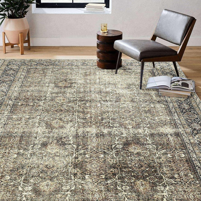 PureCozy Vintage Area Rug 6x9 Brown Washable Living Room Large Carpet Non Slip Bedroom Indoor Office Low Pile Traditional Distressed Retro Accent Rug for Dining Room Kitchen