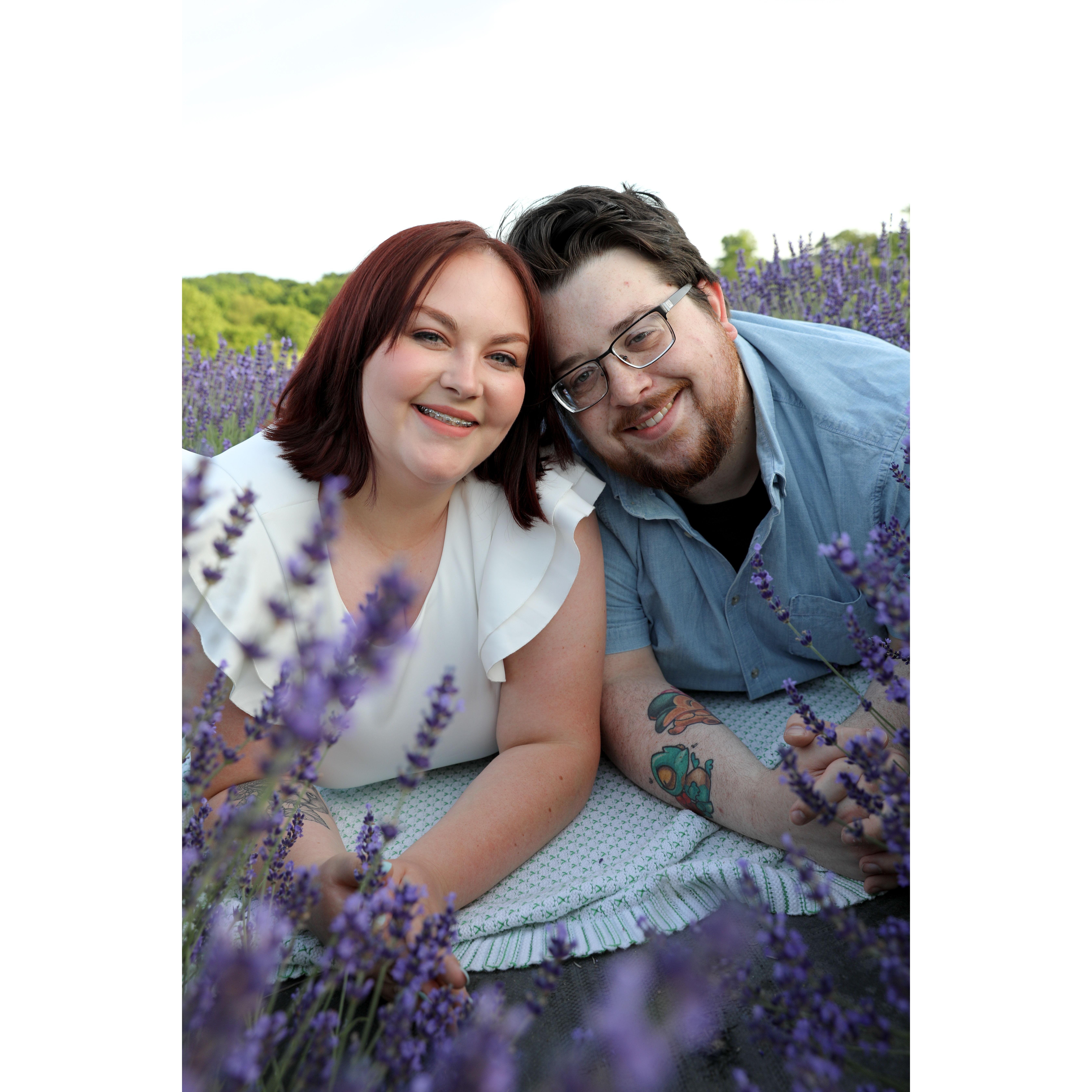 Engagement photoshoot at Sunset Ridge Lavender Farms. Photographer was Bloom Photography, LLC