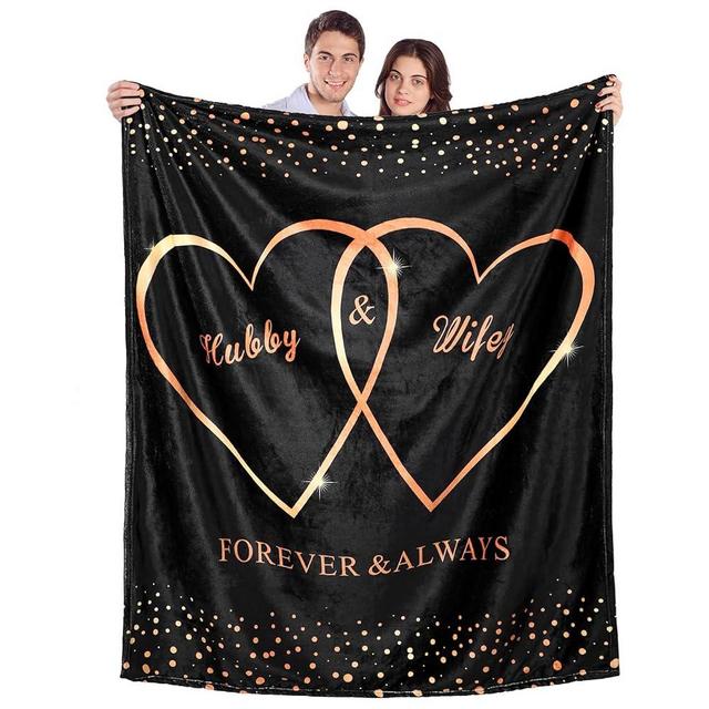 Ganeen Hubby and Wifey Throw Blanket Valentine's Day Gifts for Couples Polyester Throw Blanket Wedding Gift for Newlywed Couples Wedding Engagement, 60" x 50"(Black, Romantic)