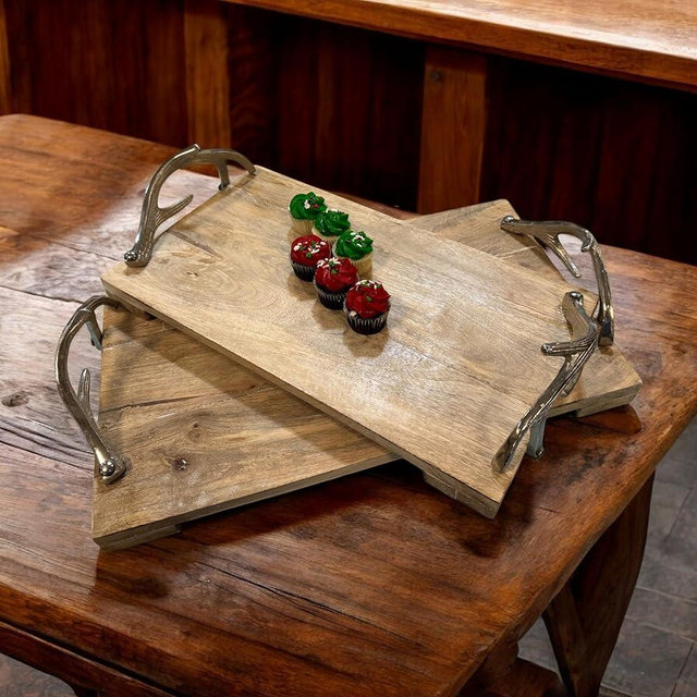 Handmade Set of 2 Mango Wood Serving Trays with Polished Nickel Antler Side Handles – Flat Charcuterie Boards with Honey Sealer Finish – Made in India Farmhouse Decor, Cabin Decor