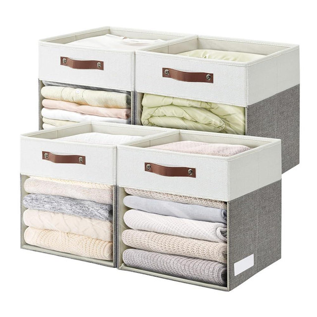 Bagnizer Storage Cubes, 4 Pack Linen Foldable Storage Bins (13 x 13 inch) with Clear Window and Handles, Fabric Organizer for Shelf Closet, Clothes, Books