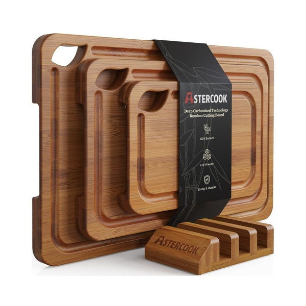 Astercook Deep-Carbonized Bamboo Cutting Boards for Kitchen with Wood Storage Stand, Reversible Charcuterie & Chopping Boards with Juice Grooves and Easy-Grip Handles, Knife-Friendly, Kitchen Gift