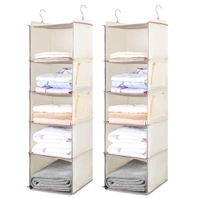 BOOMIBOO Hanging Closet Organize and Shelves，5-Hanging Shelf with 2 Side Pockets，Storage Foldable （2 Pack ，Beige）