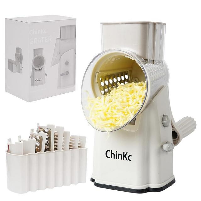 ChinKc Rotary Cheese Grater Shredder - Upgraded 5 in 1 Cheese Grater with Handle and Strong Suction Base, Multi-purpose Julienne Slicer Ice Shaver Nuts Grinder for Ice, Vegetables, Fruit, Nuts