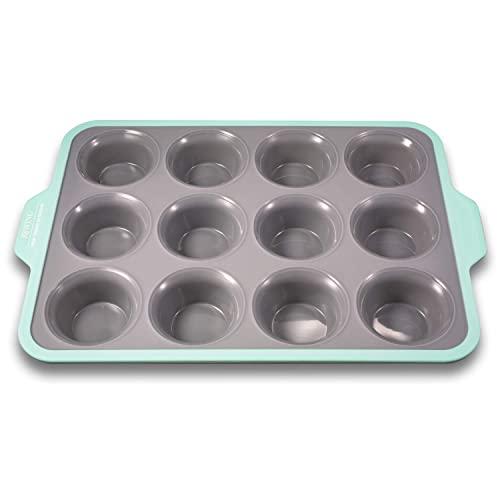 Premium Non-stick Silicone Cupcake Baking Pan with Ergonomic Grips, 12-cup Stainless Steel Core Muffin Pan