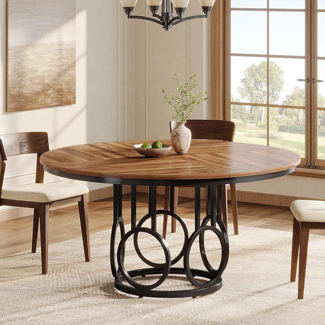 Tribesigns 47-Inch Round Dining Table, Wood Kitchen Table with Sturdy Metal Base for 4-6 People, Large Circle Dinner Table for Dining Room, Kitchen, Living Room (Brown & Black)