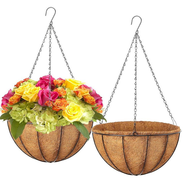 LCHUANG Hanging Baskets Planter for Plants - 2 Pack 14 Inch Metal Baskets with Coco Coir Liner, Hanging Flower Pots for Outside with Chain, Indoor Outdoor Garden Porch Decoration (14'' Pack of 2)