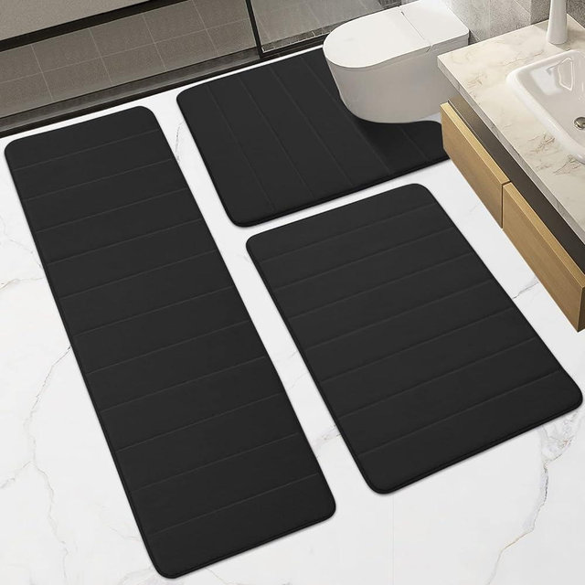Memory Foam Bath Mat Bathroom Rug Set 3 Piece Extra Soft Non Slip and Absorbent Thick Bath Rug Carpet Runner for Bathroom Floor, Living Room and Shower (Black, 24” X 24”+24” X 32”+17” X 48”)
