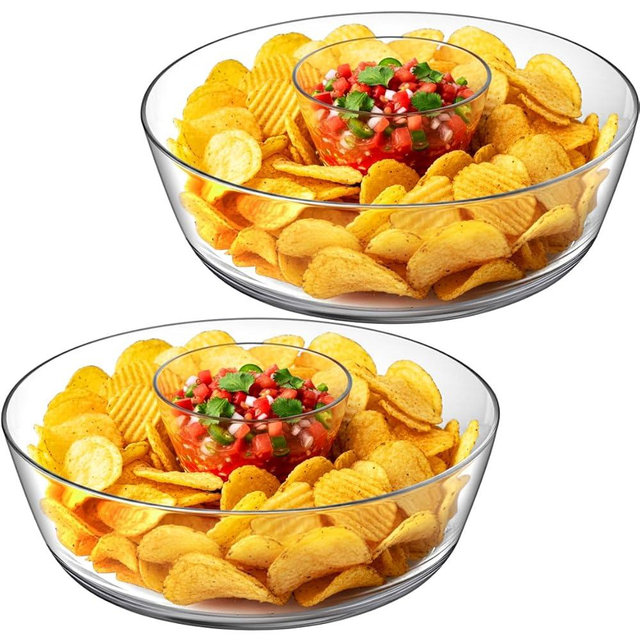 Amazing Abby - Charlie - 2-Pack Plastic Chip and Dip Bowl, Clear Serving Platter, Unbreakable Party Appetizer Tray, BPA-Free, Dishwasher-Safe, Great for Chips, Salsa, Veggies, Snacks, and More