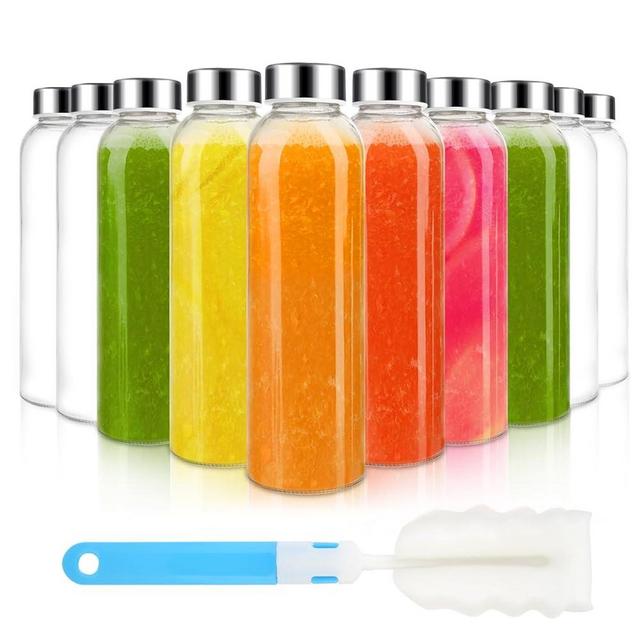 Sursip 18 oz Glass Water Bottles with Lids, Juice Bottles, Clear glass juice bottle for juicing, Eco-Friendly Reusable Glass Juicing Bottles with Stainless Steel Lid, BPA Free,Leak-Proof, Set of 10