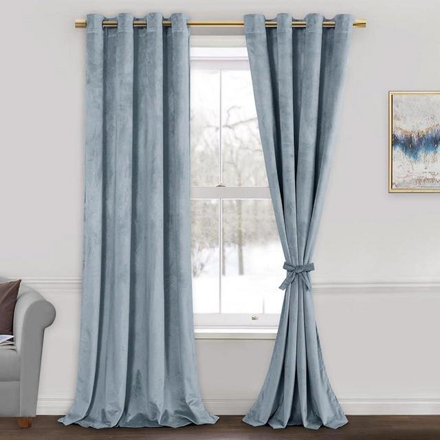 JIUZHEN Stone Blue Velvet Curtains - Super Soft Bedroom Window Curtains & Drapes Room Darkening Energy Efficiency Curtains for Living Room Home Office, W 52 x L 96, 2 Panels