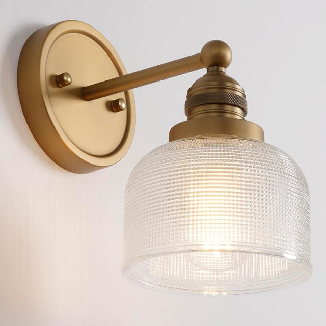 Teqinchy Gold Wall Sconces,Vintage Bathroom Vanity Light with Hand-Blowing Clear Glass Minimalist Brass Wall Sconce Light for Bathroom Mirror Living Room Bedroom Kitchen E26 Hardwire Indoor