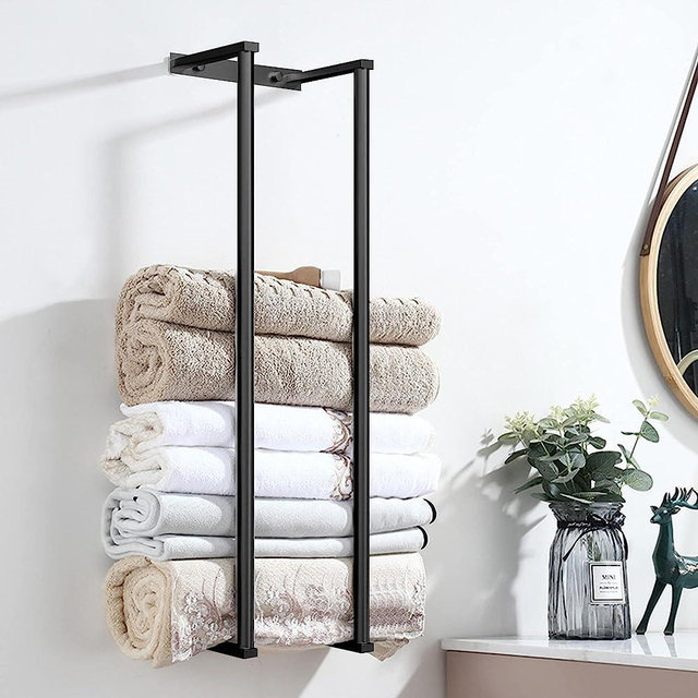 Towel Holders for Bathrooms, Wall Mount Towel Rack for Storing Towels, Robes, Towel Rack with Hooks for Small Space Bathroom Towel Storage, Black