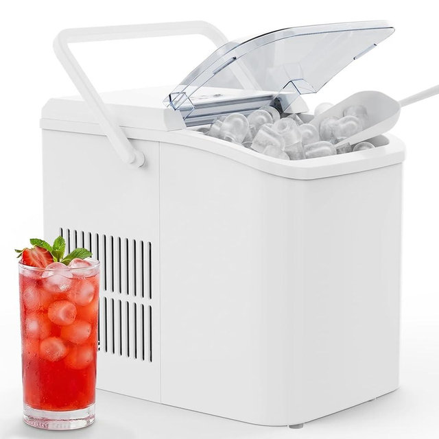 OLIXIS Ice Maker Machine with Handle,26lbs in 24Hrs,9 Ice Cubes in 6 Mins,Auto-Cleaning Portable Ice Maker with Basket and Scoop, Countertop Ice Maker for Home, Kitchen, Camping, RV - Sleek White