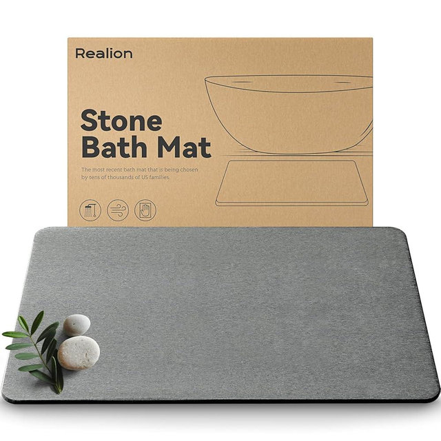 Realion Stone Bath Mat, Dries Quickly, Non-Slip Diatomaceous Earth Bath Mats for Bathroom, Super Absorbent Stone Shower Mat, Easy to Clean, 23.5" x 15.5" Charcoal Gray