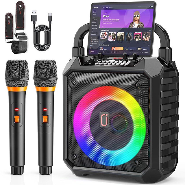 JYX Karaoke Machine with Two Wireless Microphones, Portable Speaker with LED Lights for Kids and Adults, Supports Bluetooth/USB/TF/AUX for Party