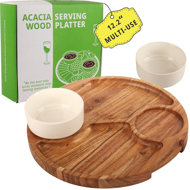 Culina Craftique Chip and Dip Serving Platter — w/ 2 Ceramic Bowl — 12.2" Large Divided Serving Tray With Handles For Nachos & Salsa, Snack, Veggie, Fruit, Dessert — Wooden Hosting Essentials For Home