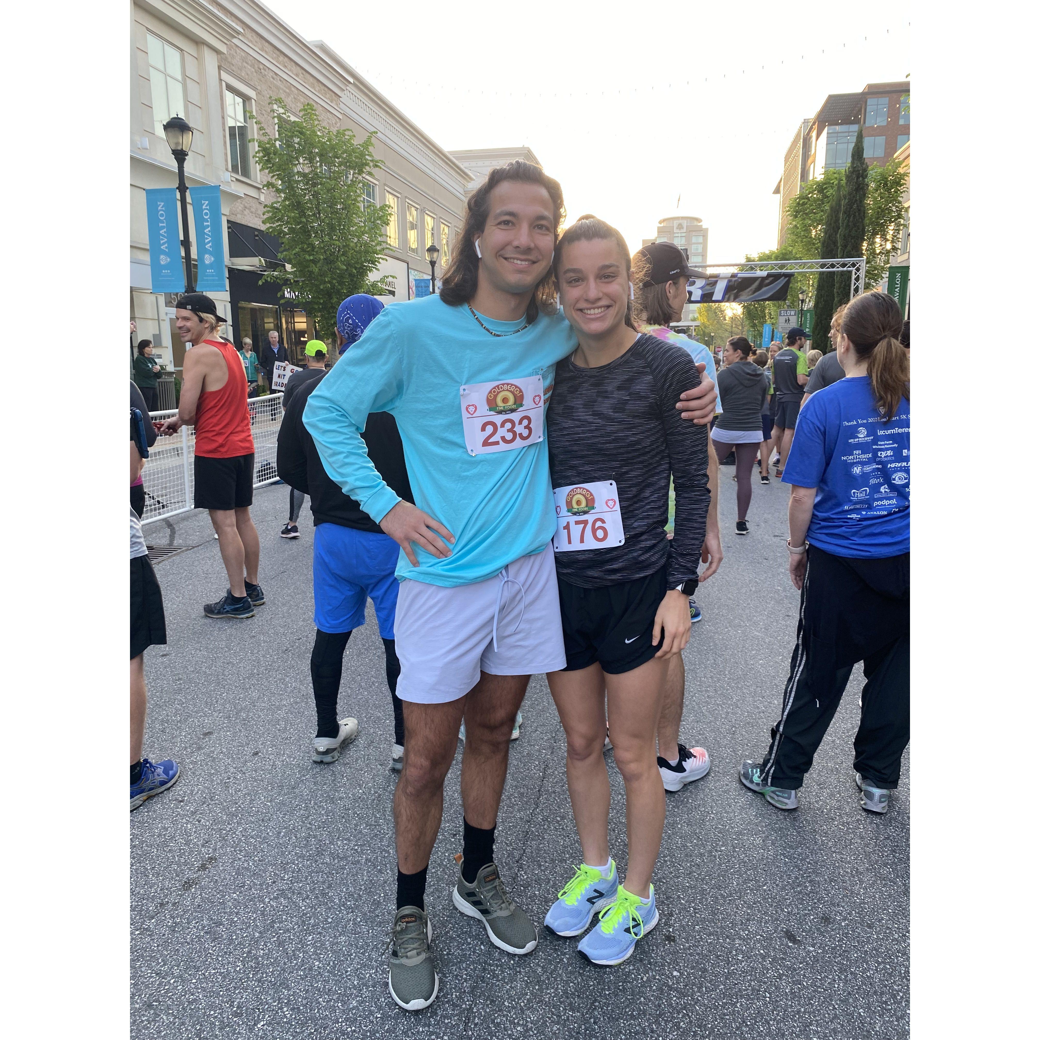 Running an Alpharetta 5k together.  Spring 2022