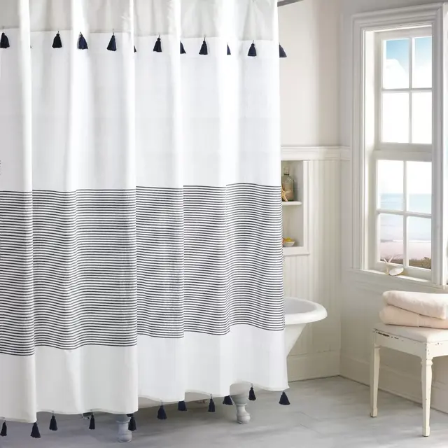 Peri Home Panama Stripe 54-Inch x 78-Inch Shower Curtain in White/Navy