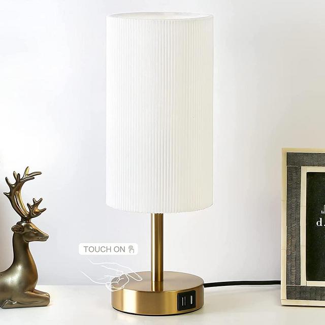 Bedside Lamp with USB port - Touch Control Table Lamp for Bedroom Wood 3 Way Dimmable Nightstand Lamp with Round Flaxen Fabric Shade for Living Room, Dorm, Home Office (LED Bulb Included) (Pleated)