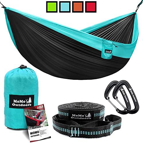 Lightweight Double Camping Hammock - Adjustable Tree Straps & Ultralight Carabiners Included - Two Person Best Portable Parachute Nylon Hammocks for Hiking, Backpacking, Travel & Backyard - Easy Setup