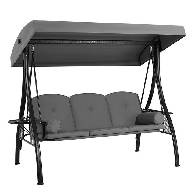 HOMREST 3 Seat Outdoor Porch Swing with 1.5" Deepened Cup Holder, Adjustable Canopy, Patio Swing Bed with Stand, Patio Glider Swing with Thicken Cushions, Pillow for Yard, Garden(Grey)