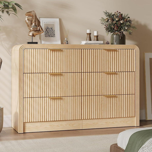 Decofy Fluted Drawers Dresser for Bedroom, Wood Dressers with Gold Handles, Modern Dressers with Wave Texture, Large Storage Chest of Drawers, Bedroom Dresser Organizer 47'' & 6 Drawers (Natural Oak)