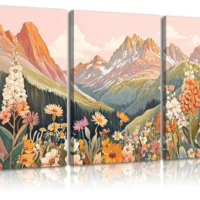 3Pcs Boho Mountain Canvas Wall Art Vintage Wildflower Mountains Poster Prints Abstract Nature Landscape Picture Nature Botanical Paintings Artwork Wall Decor for Living Room Bedroom 12x16in Framed