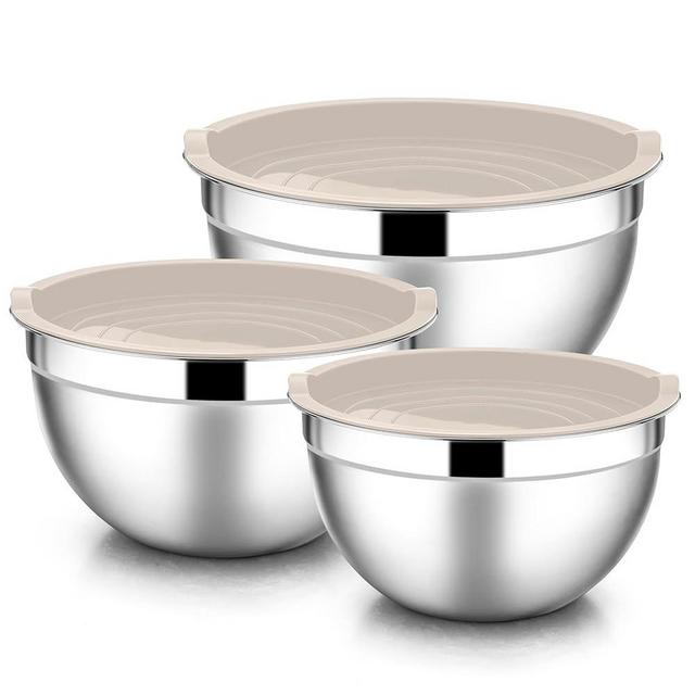 E-far Mixing Bowls with Lids, 6-Piece Stainless Steel Salad Bowls Metal Nesting Bowls for Baking Cooking and Prepping, Airtight Lids & Stackable Design, Size 4.5, 3, 1.5 QT (Khaki)