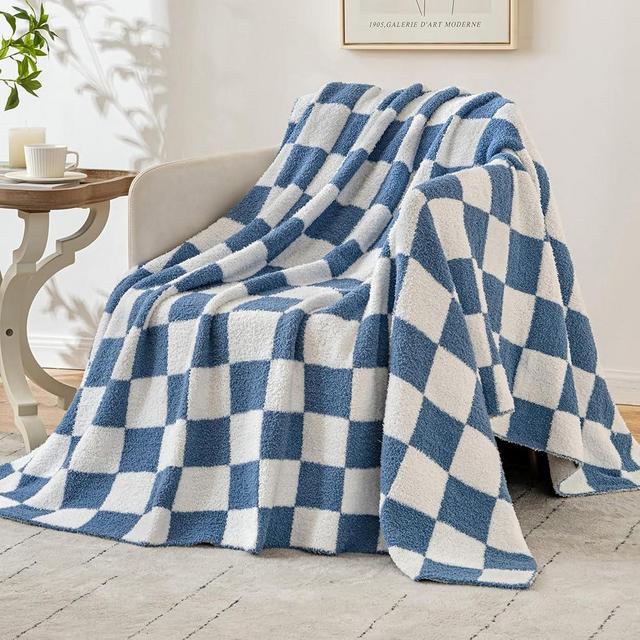 EMEMA Checkered Throw Blanket Microfiber Soft Cozy Fluffy Warm Hand Made Throw Blankets for Couch, Sofa, Chair, Bed, Camping, Picnic, Breathable Bed Blanket,Heather Blue (60" x 80")