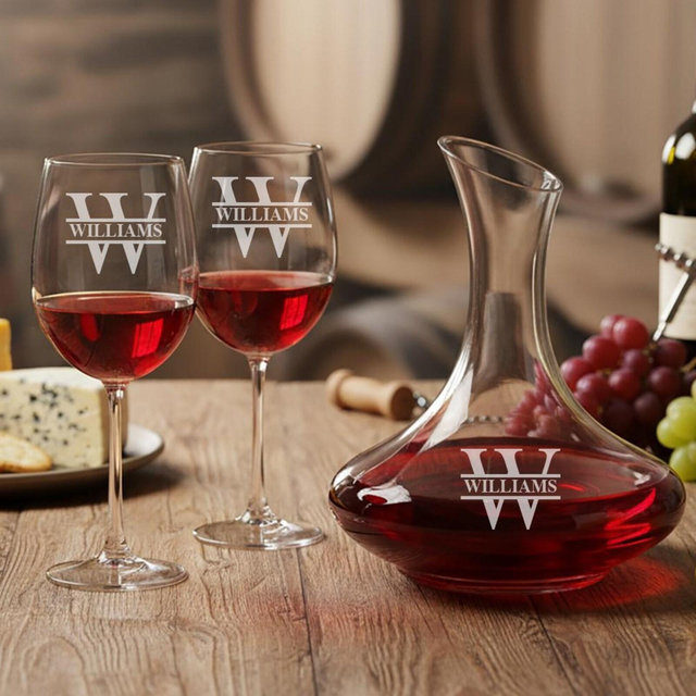 Monogram Personalized Wine Decanter, Wine Glass or Stemless 15oz Wine Glass Engraved, Personalized and Custom Monogram Decanter Gift Set