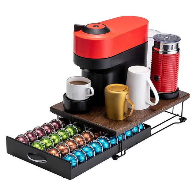 FlagShip for Nespresso Pod Drawer Vertuo Pod holder Coffee Pod Organizer Modern Style And Coffee Machine Stand Wood Top(40 Pods Capacity)