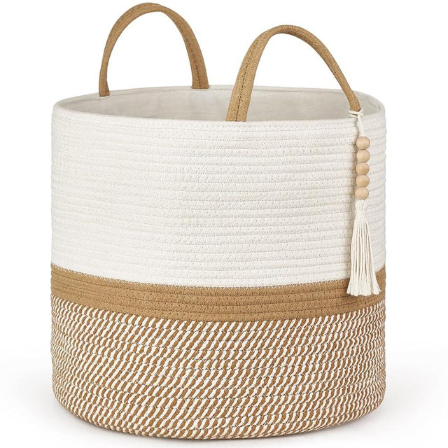 Mkono Woven Storage Basket Decorative Natural Rope Basket Wooden Bead Decoration for Blankets,Toys,Clothes,Shoes,Plant Organizer Bin with Handles Living Room Home Decor, 16"x13", White and Brown
