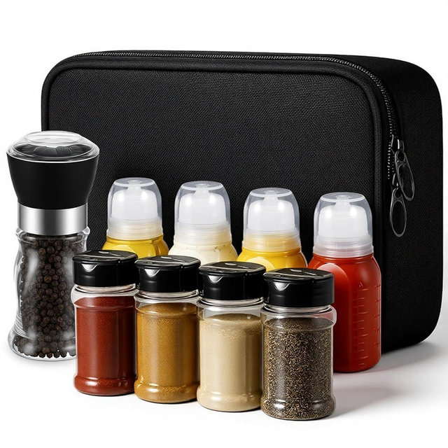 Acellegic 10 Pcs Camping Portable Spice Set Kit with 4 Spice Containers, 4 Sauce Bottles, 1 Pepper Grinder, and 1 Storage Bag for Outdoor Travel, Camping, BBQ, and Picnics