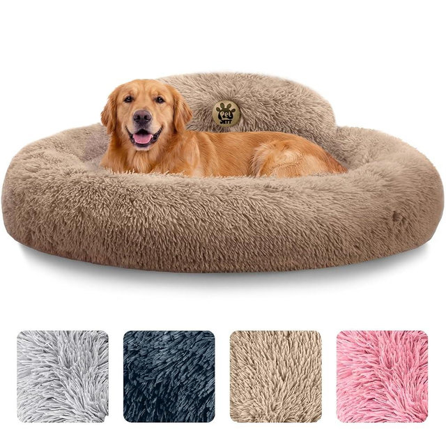 PetJett Large Dog Bed - 36'' Calming Donut Dog Beds, Anti-Slip & Washable Large Round Bed, Fluffy Faux Fur Pet Bed, Super Soft Anti-Anxiety Premium Comfort Bed, Fits Dogs up to 80 lbs - Beige