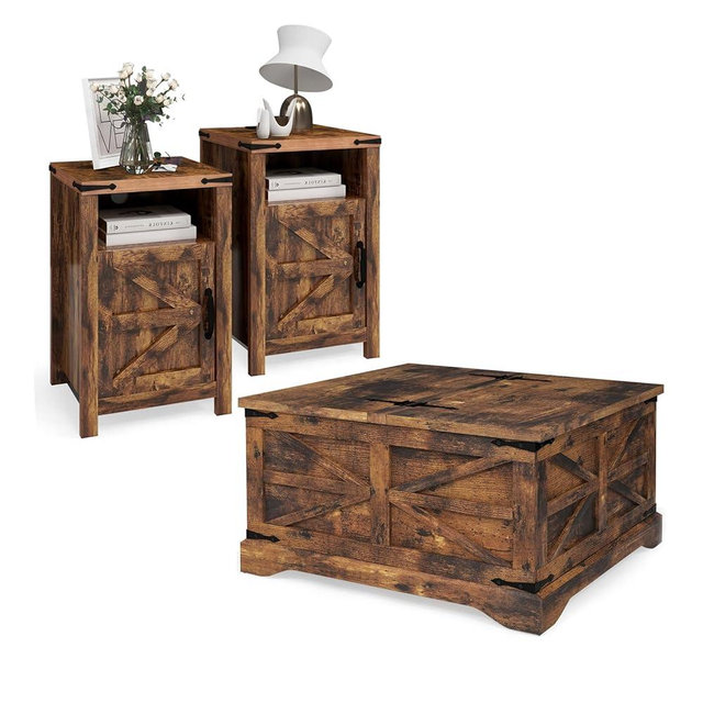 oneinmil 3-Piece Farmhouse Table Set Includes 31” Coffee Table and Side Tables with Storage Space, Retro Tables for Living Room, Brown