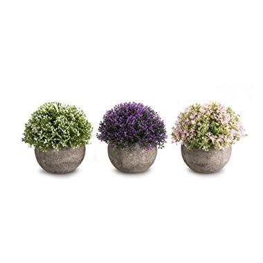Opps Mini Artificial Plants Plastic Fake Green Colorful Flower Topiary Shrubs with Gray Pot for Home Décor – Set of 3