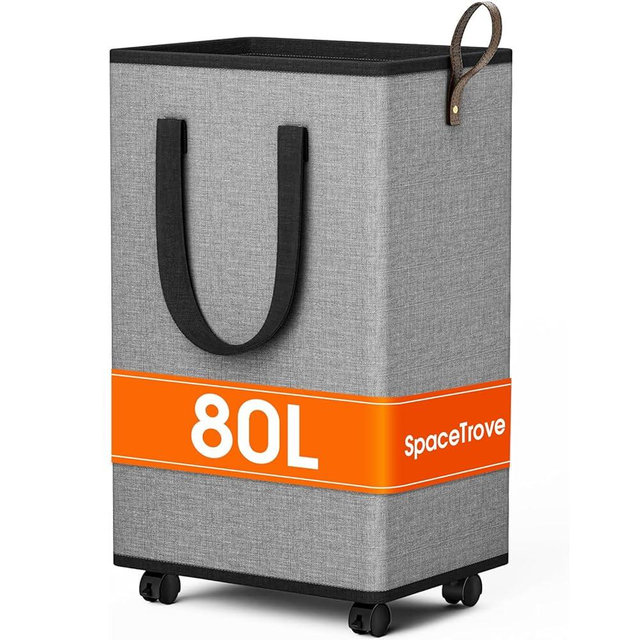 SpaceTrove Laundry Basket with Wheels, Collapsible Laundry Baskets, Laundry Hamper with Handles Detachable Wheels, Rolling Laundry Basket, Dirty Clothes Hamper for Bathroom, Dorm, Bedroom, Grey, 80L