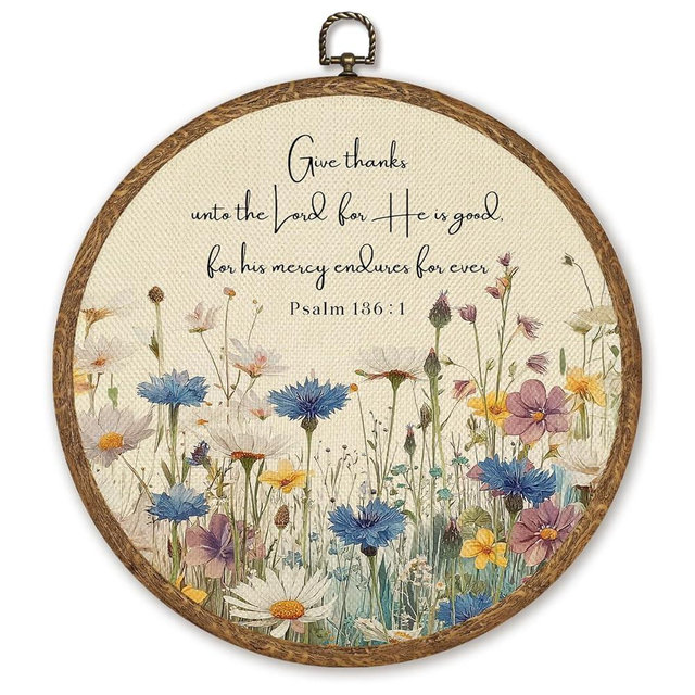 Christian Round Wall Art Decor-Give Thanks Unto The Lord 10x10 Bible with floral Canvas Circular Framed, Inspirational Christian Wall Art for Bedroom Living Room,Easter Christian Gift for Women Men 10x10 inch (Beige-Psalm 136:1)