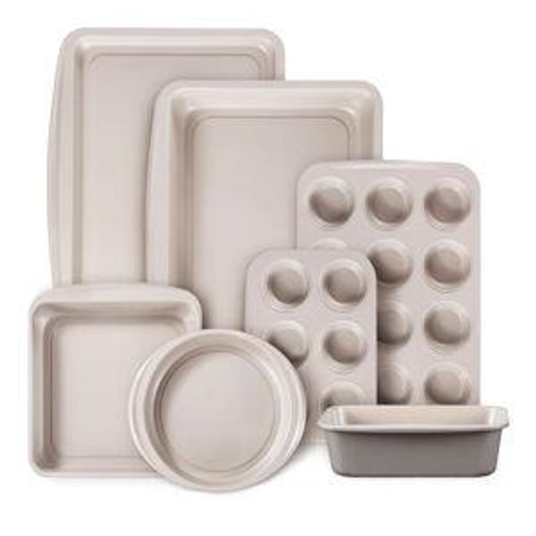 CAROTE 7-Piece Nonstick Stackable Baking Pans Set - Bakeware Sets Including Cookie Sheets for Baking, Muffin Pan, Bread Pan, Cake pan, Loaf Pan, Roasting Pan, Gray & Khaki
