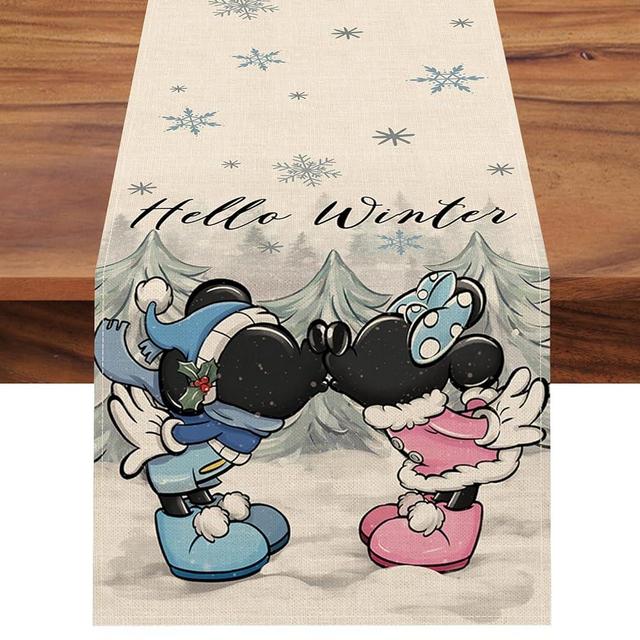 Seliem Hello Winter Cartoon Mouse Blue Table Runner, Snowflake Pine Tree Farmhouse Kitchen Dining Table Decor, Christmas Holiday Home Decoration Indoor Outdoor Party Supply 13 x 72 Inches