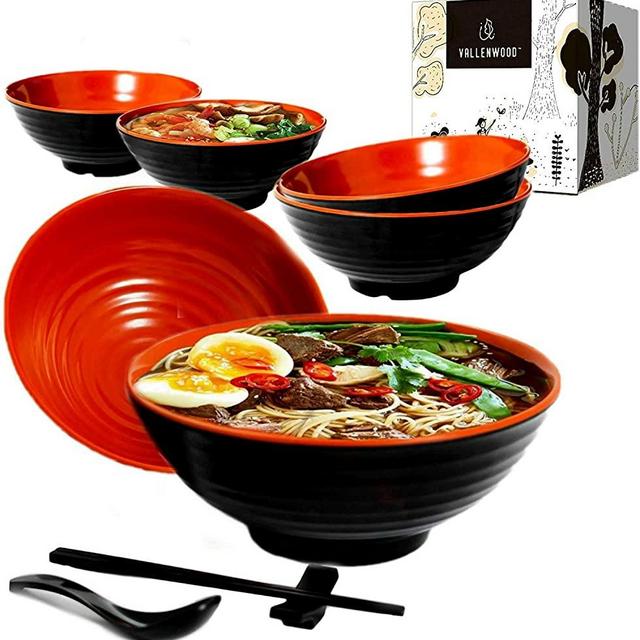 6 set Red Black Ramen Bowl Set, 24 pieces. Asian Japanese soup with Spoons Chopsticks and Stands, Restaurant Quality Melamine, Large 37 oz for Noodles, Pho, Noodle, Udon, Thai And Chinese Foods.