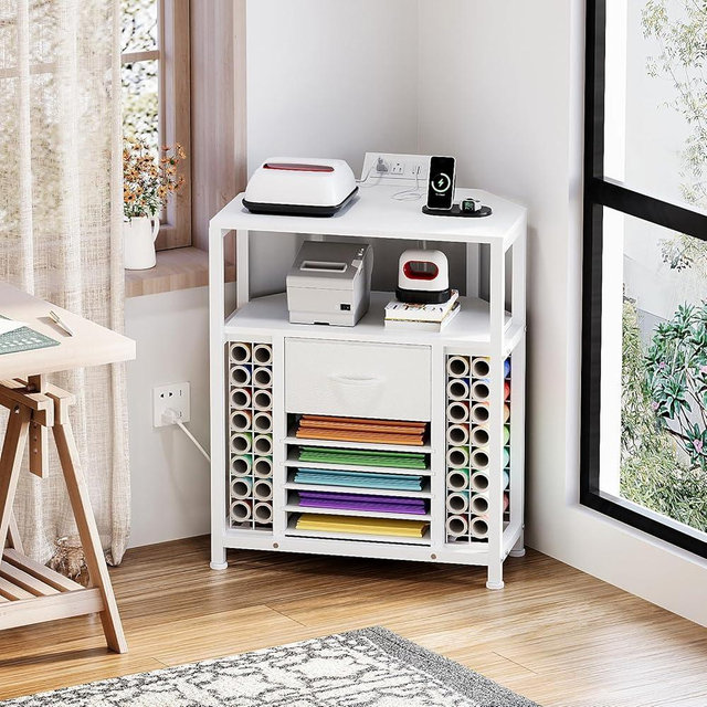 Espelism Corner Craft Organizer for Cricut with Power Outlet, Heat Press Stand with Drawers and 32 Vinyl Roll Holder, Compatible with Cutting Machine for Craft Room,DIY & Hobby Room (White)