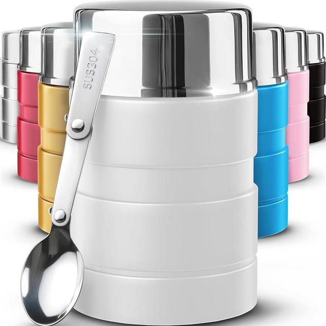 Earth&ME Stainless Steel Thermo For Hot Food 17OZ with Folding Spoon, Vacuum Insulated Food Container, Soup Thermo with Wide Mouth, Insulated Food Jar for Hot & Cold Food, White