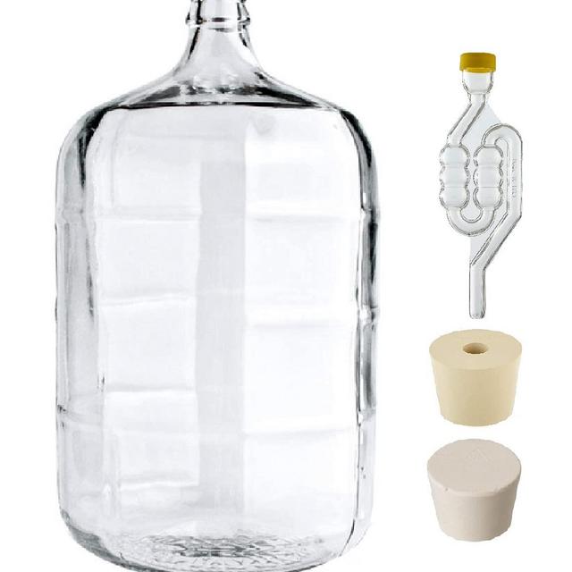 North Mountain Supply 5 Gallon Italian Glass Carboy Fermenting Jug - with Drilled Undrilled Rubber Stoppers and 6-Bubble Airlock