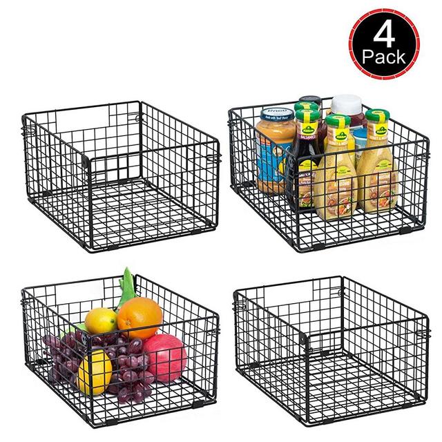 X-cosrack Foldable Cabinet Wall Mount Metal Wire Basket Organizer with Handles Set of 4, Farmhouse Food Storage Mesh Bin for Kitchen Pantry Bathroom Laundry Closet Garage12" x 9" X 6" Patent Pending