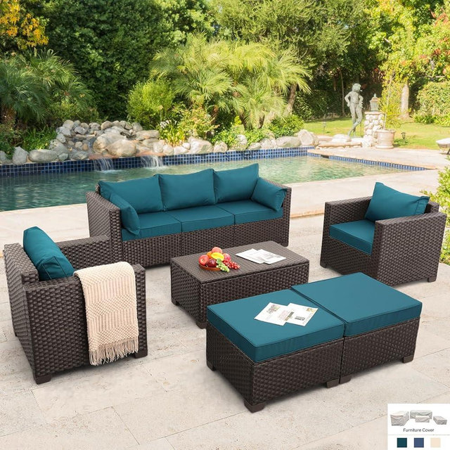 Rattan Star Patio Outdoor Furniture Conversation Sets 6 Pieces Wicker Sofa Set with Outdoor Couch Patio Chairs and Storage Table Non-Slip Cushions Waterproof Covers, Peacock Blue
